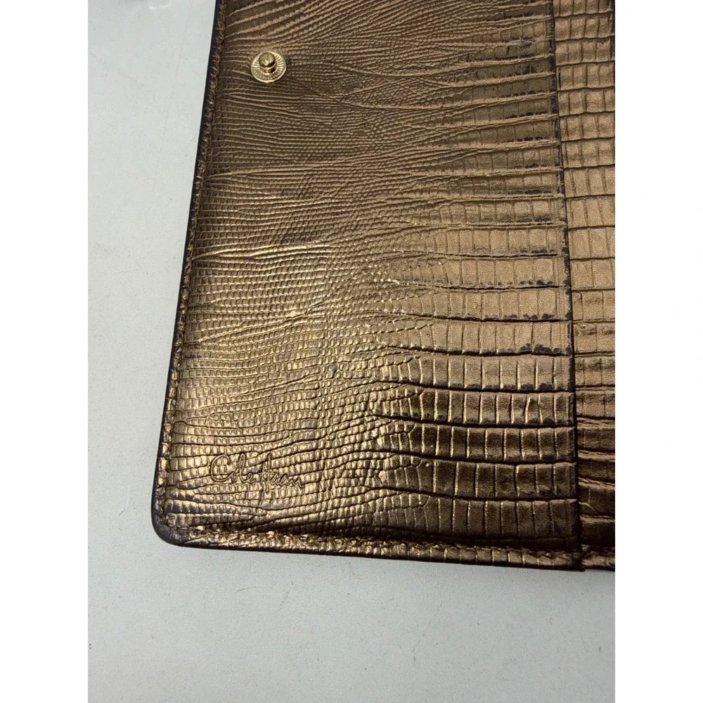 Cole Haan Metallic Bronze Lizard Embossed Leather Slim Continental Wallet